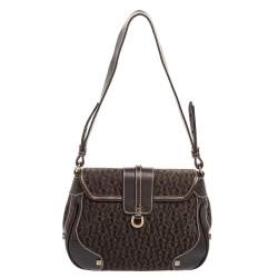Pre Owned Aigner Dark Brown Signature Canvas and Leather Buckle Flap Baguette Bag