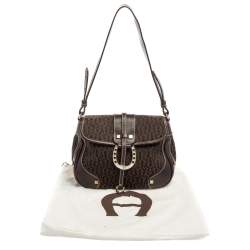 Pre Owned Aigner Dark Brown Signature Canvas and Leather Buckle Flap Baguette Bag