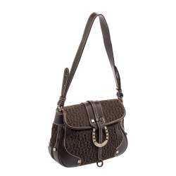 Pre Owned Aigner Dark Brown Signature Canvas and Leather Buckle Flap Baguette Bag