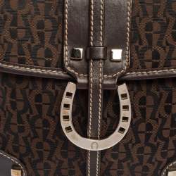 Pre Owned Aigner Dark Brown Signature Canvas and Leather Buckle Flap Baguette Bag