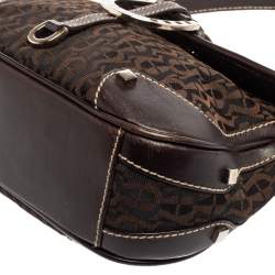 Pre Owned Aigner Dark Brown Signature Canvas and Leather Buckle Flap Baguette Bag