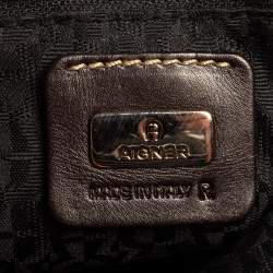Pre Owned Aigner Dark Brown Signature Canvas and Leather Buckle Flap Baguette Bag