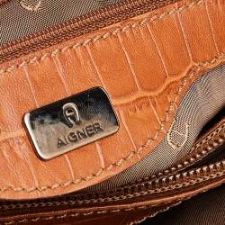 Pre Owned Aigner Orange Nylon and Croc Embossed Leather Tote