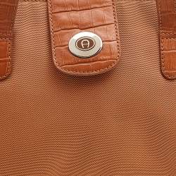 Pre Owned Aigner Orange Nylon and Croc Embossed Leather Tote