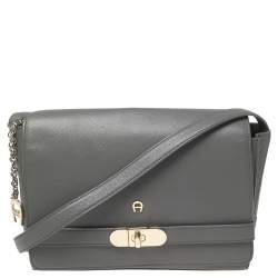 Pre Owned Aigner Grey Leather Turnlock Flap Shoulder Bag