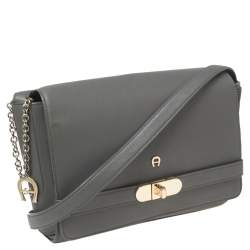 Pre Owned Aigner Grey Leather Turnlock Flap Shoulder Bag