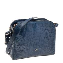Pre Owned Aigner Blue Croc Embossed Leather Shoulder Bag
