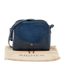 Pre Owned Aigner Blue Croc Embossed Leather Shoulder Bag