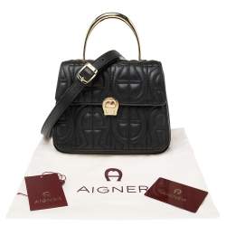 Pre Owned Aigner Black Signature Leather Genoveva Top Handle Bag