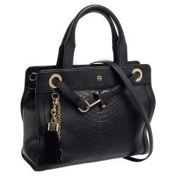 Pre Owned Aigner Black Croc Embossed Leather Cavallina Tote