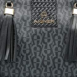 Pre Owned Aigner Black Signature Coated Canvas And Leather Tassel Top Handle Bag