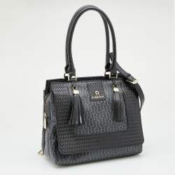 Pre Owned Aigner Black Signature Coated Canvas And Leather Tassel Top Handle Bag