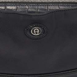 Pre Owned Aigner Black Leather and Croc Embossed Shoulder Bag