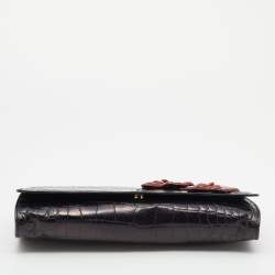 Pre Owned Aigner Black Croc Embossed Leather Floral Applique Flap Clutch