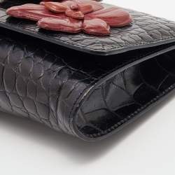 Pre Owned Aigner Black Croc Embossed Leather Floral Applique Flap Clutch