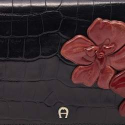 Pre Owned Aigner Black Croc Embossed Leather Floral Applique Flap Clutch