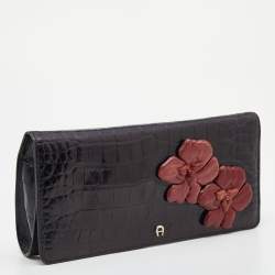 Pre Owned Aigner Black Croc Embossed Leather Floral Applique Flap Clutch