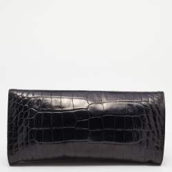 Pre Owned Aigner Black Croc Embossed Leather Floral Applique Flap Clutch