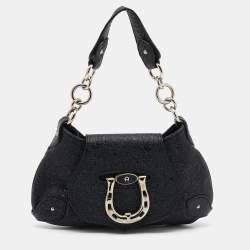 Pre Owned Aigner Black Crinkled Patent Leather Baguette Bag