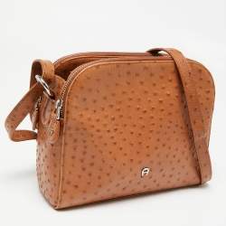 Pre Owned Aigner Tan Ostrich Embossed Leather Double Zip Crossbody Bag