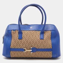 Aigner Blue/Beige Signature Canvas And Leather Satchel