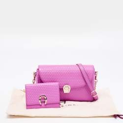 Pre Owned Aigner Pink Textured Leather Genoveva Shoulder Bag w/ Wallet