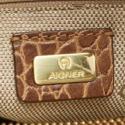 Pre Owned Aigner Brown Croc Embossed Leather Flap Frame Satchel