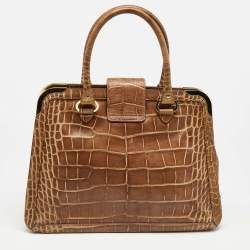 Pre Owned Aigner Brown Croc Embossed Leather Flap Frame Satchel