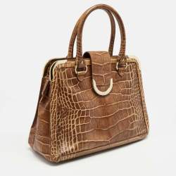 Pre Owned Aigner Brown Croc Embossed Leather Flap Frame Satchel