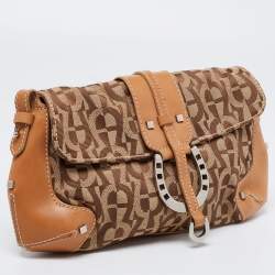 Pre Owned Aigner Brown Signature Canvas and Leather Buckle Flap Pouch