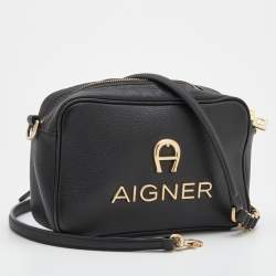 Pre Owned Aigner Black Leather Bombe A Camera Crossbody Bag