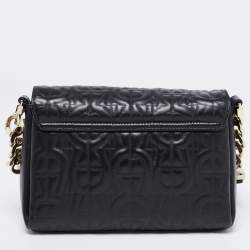 Pre Owned Aigner Black Logo Embossed Leather Flap Crossbody Bag