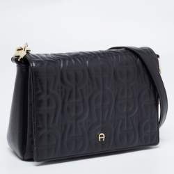Pre Owned Aigner Black Logo Embossed Leather Flap Crossbody Bag