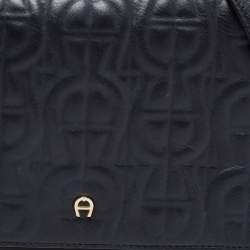 Pre Owned Aigner Black Logo Embossed Leather Flap Crossbody Bag