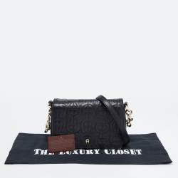 Pre Owned Aigner Black Logo Embossed Leather Flap Crossbody Bag