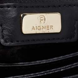 Pre Owned Aigner Black Logo Embossed Leather Flap Crossbody Bag
