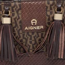 Pre Owned Aigner Brown Signature Coated Canvas and Leather Tassel Satchel
