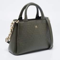 Pre Owned Aigner Olive Green Logo Embossed Leather Olivia Tote