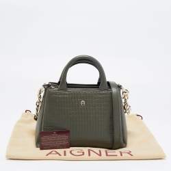 Pre Owned Aigner Olive Green Logo Embossed Leather Olivia Tote