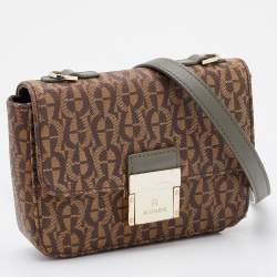Pre Owned Aigner Brown Signature Canvas and Leather Flap Crossbody Bag 
