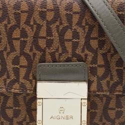 Pre Owned Aigner Brown Signature Canvas and Leather Flap Crossbody Bag 