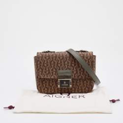 Pre Owned Aigner Brown Signature Canvas and Leather Flap Crossbody Bag 
