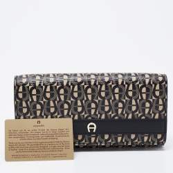Pre Owned Aigner Black/Beige Monogram Coated Canvas and Leather Continental Wallet