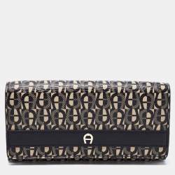 Pre Owned Aigner Black/Beige Monogram Coated Canvas and Leather Continental Wallet