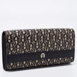 Pre Owned Aigner Black/Beige Monogram Coated Canvas and Leather Continental Wallet