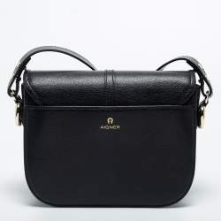 Pre Owned Aigner Black Leather Flap Crossbody Bag