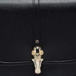 Pre Owned Aigner Black Leather Flap Crossbody Bag