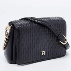 Pre Owned Aigner Black Leather Flap Crossbody Bag