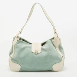 Pre Owned Aigner Green/White Leather and Suede Logo Buckle Shoulder Bag