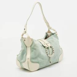 Pre Owned Aigner Green/White Leather and Suede Logo Buckle Shoulder Bag